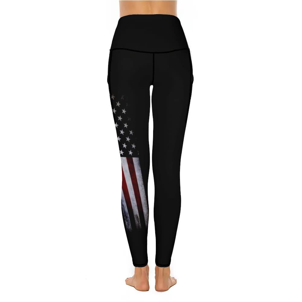 QIVICIMA Women High Waist Workout Leggings American Flag Gym Athletic Tummy Control Yoga Pants with Pockets A13 US Flag M