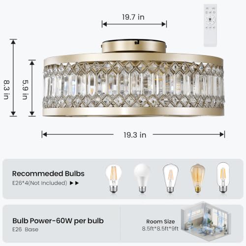 Image of Gold Crystal Fandelier Ceiling Fans with Lights, 20 inch Gold Flush Mount Ceiling Fan with Light Remote Control, Caged Mid-Century with 6 Speeds for Living Room Bedroom Nursery
