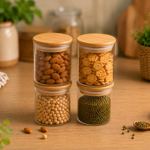 Image of Airtight Glass Storage Jar with Bamboo Lid, 220 ml Pack Of 4 | Multipurpose Kitchen Container for Coffee, Tea, Sugar, Spices, Dry Fruits & Snacks | Transparent Pantry Organizer Jars