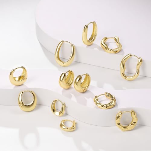 6 Pairs Gold Hoop Earrings Set for Women, 14K Gold Plated Huggie Chunky Earring Variety Pack, Hypoallergenic Thick Jewelry Gift2