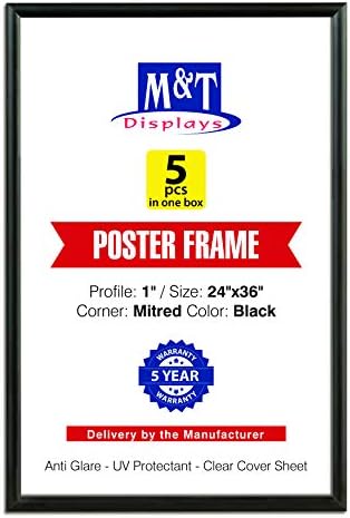 M&T Displays Snap Poster Frame 24x36 Inch Black 1" Aluminum Profile Front Loading Wall Mounting Photo Picture Document Certificate Sign Holder Mitered Corner Anti Glare Cover (5 pack)