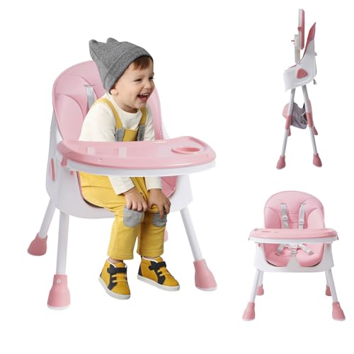 Kinderhochstuhl Hochstuhl Baby, 2-in-1 Klappbarer Baby Essstuhl mit Besteck, Klappbar Höhenverstellung Essstuhl Baby für Zuhause und Unterwegs, Kinder Essen Stuh ab 6-36 Monaten (Rosa)