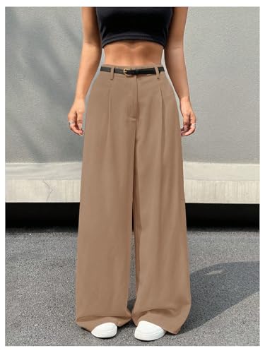 SweatyRocks Women's High Waist Work Pants Dressy Casual Wide Leg Flowy Trousers Khaki X-Small3