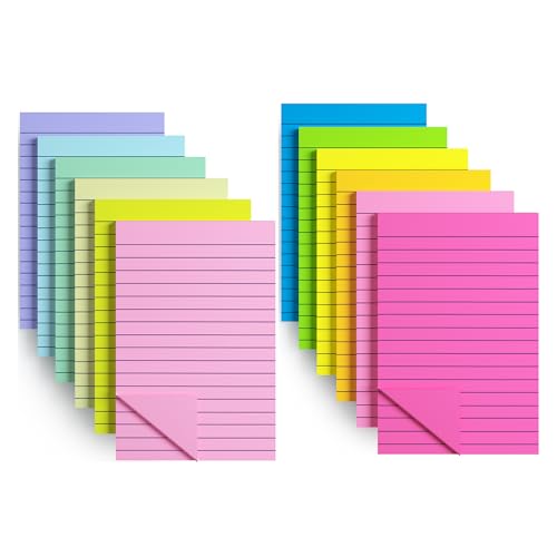 12 Pads Lined Sticky Notes 4X6 in 12 Colorful Large Ruled Memo Pads with Strong Adhesive Sticky Note with Lines for Home Office School and Notebook(100x 152 mm)