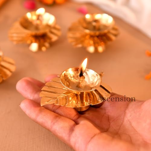 Image of Ascension Handcrafted Pack of 4 Metal Diya Decorative Leaf Shaped Lamp for Pooja Room aarti Temple mandir Diwali Decoration Gifting Housewarming Living Room Hall Festive Gift Item Home & Office Decor