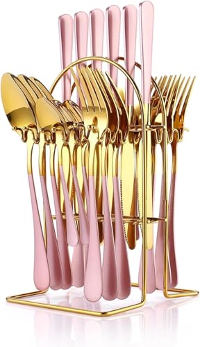 24 Piece Cutlery Set, Stainless Steel Cutlery Set with Holder Service for 6,Mirror Polished Tableware Set for Home Kitchen, Dishwasher Safe (Pink)
