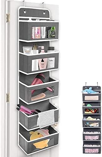 Over the Door Storage Wardrobe Organiser with 5 Pockets Fabric Foldable Hanging Storage, Transparent Window Bin, and Towel Storage - Bedroom Accessories Closet Space Saver