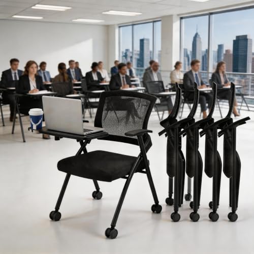 Image of 8 Pcs Folding Training Chairs with Desk Attached, Office Meeting Chair with Writing Tablet & Cup Holder, Space-Saving Nesting Stackable Chairs with wheel for Conference Room,Seminar, Classroom