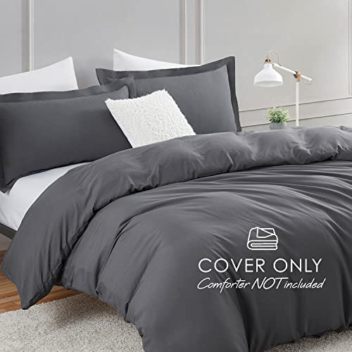 Image of Hearth & Harbor 3Pc Dark Grey Duvet Cover Set, Full Size, Soft Brushed Microfiber, 1 Duvet Cover 80x90in, 2 Pillow Shams, Button Closure | Soft Double Brushed Bedding Set, Button Closure, 1 Duvet Cover 80x90 Inches, 2 Pillow Shams
