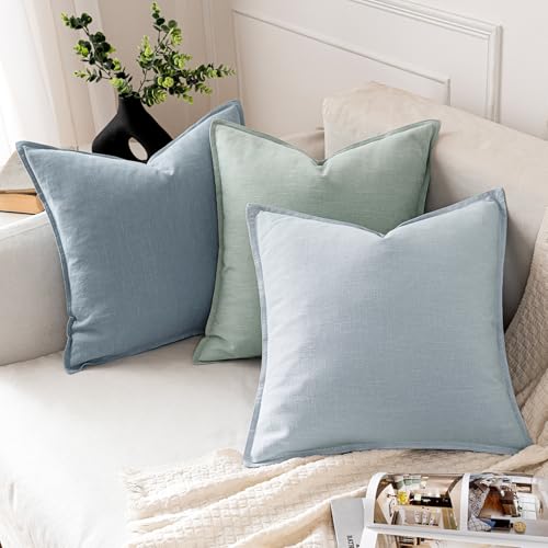 Image of MIULEE Decorative Linen Pillow Covers 18x18 Inch Aqua Green Boho Farmhouse Neutral Spring Couch Throw Pillows for Bed Pack of 2 Accent Modern Pillowcase Summer Sofa Livingroom Home Decor