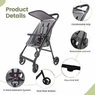 Lightweight Travel Baby Stroller, Compact Foldable Baby Stroller with Sun Visor, Convenience Airplane Strollers, Ultra-Compact One-Hand Foldable Stroller, Baby Airplane Travel Essentials (Grey)