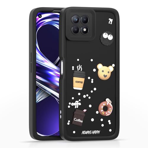 Image of Bintage Cute Fun Ball | Taddy Cartoon 3D Smiley Coffee Cup | Milk Donut | Full Camera Protection Back Cover Compatible for Realme RMX3151 / Realme 8i - Black