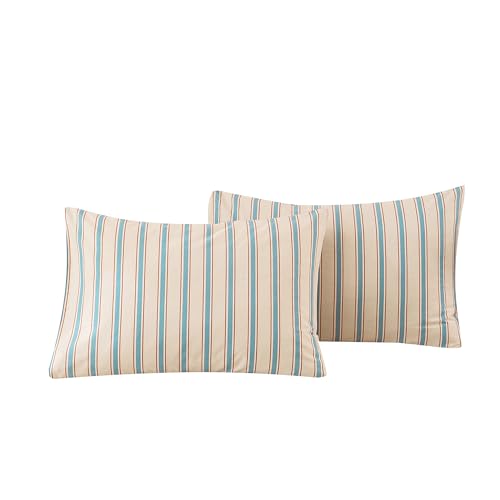 Image of ECOCOTT Striped Pillowcases King Size Set of 2, 100% Washed Cotton Pillow Cases with Envelope Closure, Blue&Brown Ticking Stripe Pillow Covers 20 inchX36 inch