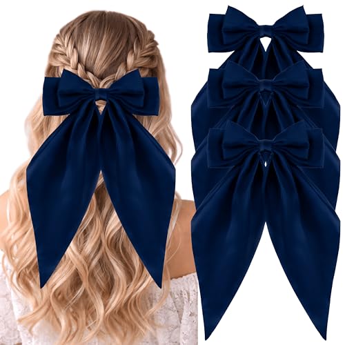 Loqpol Navy Blue Silky Satin Hair Bows Oversized Long Tail Bows with Barrette Clips Coquette Hair Accessories for Women and Girls (Navy 3P)