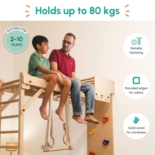 Image of Curious Cub Foldable Jungle Gym for Kids Indoor | Contain Rock Climbing for Kid At Home, Gymnastic Rings, Wooden & Wobble Ladder, Monkey & Trapeze Bar for Kids to Play Indoor Fun Activity for Ages 2+