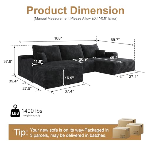 Image of 96 inch Sectional Couches for Living Room Cloud Couch Sofa with L-Shape Upholstered Boneless Couchs Modern Modular Sectional Couch with Chaise