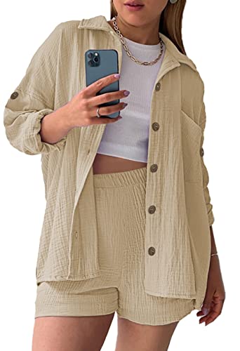 Fixmatti Women's Casual 2 Piece Outfit Long Sleeve Shirt Loose Shorts Set Tracksuit Sweatsuit Apricot S #TOP6