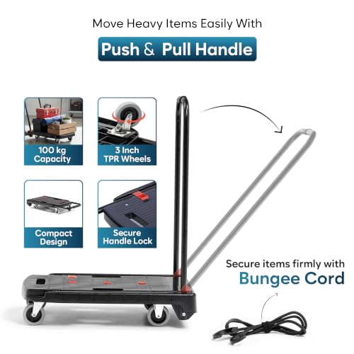 Image of Corvids 100kg Folding Platform Trolley | 2-Year Warranty | Portable Plastic Hand Truck | 360 Swivel Wheels | Heavy Duty Utility Cart for Home, Office, Hotels & Outdoor Use