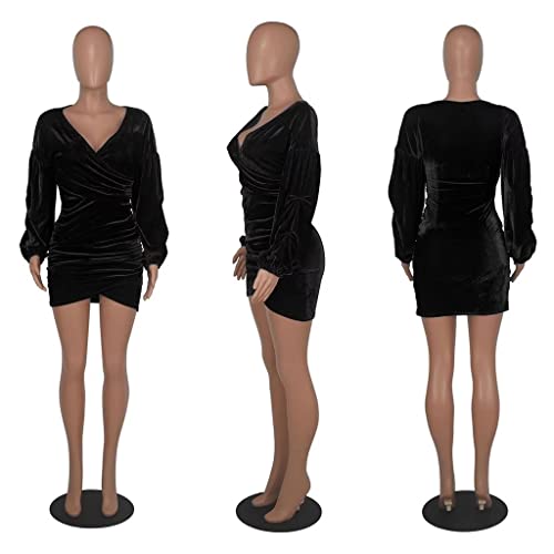 Oluolin Womens Deep V Neck Sexy Off Shoulder Velvet Bodycon Ruched Bodycon Mini Club Dress Black #TOP3