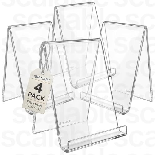 Image of JBM MART Acrylic Book Stand with Ledge, Clear Transparent Display Easel Holder for Books, Magazine, Plate, Pictures, Artworks, CDs, 4 Inch, 4 Pack