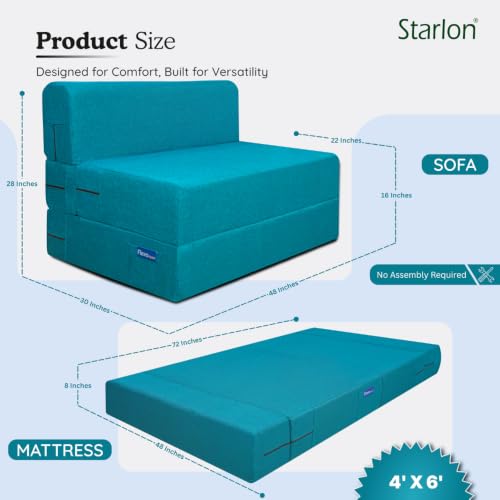 Image of Starlon 2 Seater Sofa Cum Bed Foldable 3-in-1 Sofa Bed with 1 Year Warranty, Washable Jute Fabric Cover & 2 Waves Pillows | Queen Size Guest Bed | Pre-Assembled Aqua Teal 4x6 Ft