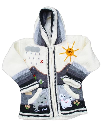 Image of Kids Sweater Handmade Cardigan with Embroidered Details Sweater Hooded Girl Boy Peru Ecuador Bolivia Chile Arpilleras Style.