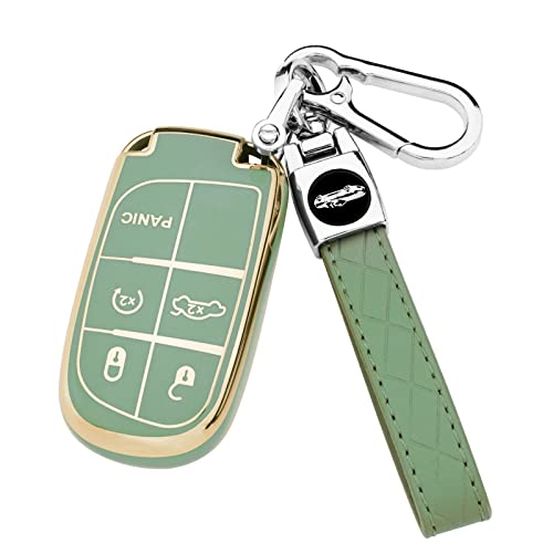 XIYANG TRADE for Jeep Key Fob Cover with Keychain, Soft TPU Key Case Shell Full Protection Suitable for Jeep Grand Cherokee Renegade Compass Durango Charger Dodge Challenger (Green)