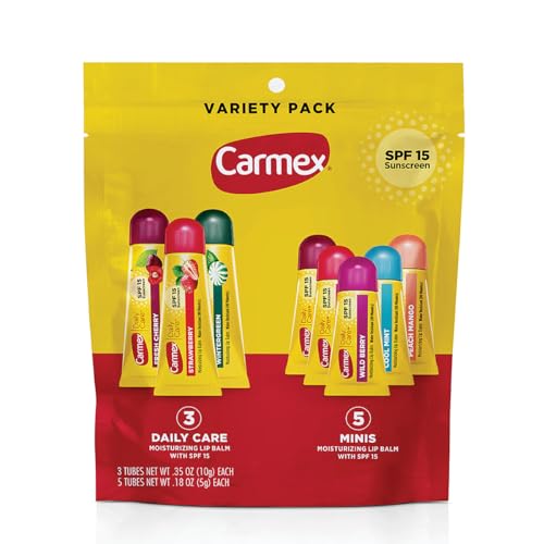 Carmex Daily Care and Daily Care Minis Moisturizing Lip Balm Pack SPF 15 Multi-Flavor Lip Care Variety Pack Bag 8 Count (3 Tubes 5 Mini Tubes)