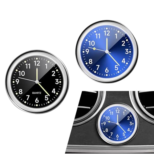 2 PCS Mini Luminous Car Clock, 1.5In Metal Round Vehicle Decorative Clock for Dashboard, Universal Waterproof Automotive Watch Clock Accessories for Home Boat Truck SUV Car (Black & Blue)
