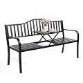 VINGLI 59" Outdoor Metal Bench Patio Bench with Built in Table Park Bench Garden Bench, Outside Benches Weather Proof Front Porch Bench for Yard Lawn Decor Deck