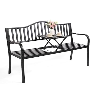 VINGLI 59" Outdoor Metal Bench Patio Bench with Built in Table Park Bench Garden Bench, Outside Benches Weather Proof Front Porch Bench for Yard Lawn Decor Deck