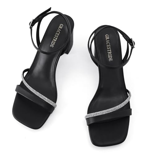 Rhinestone Strappy Heels for Women Square Toe Chunky Block Heels Ankle Buckle Heeled Sandals3