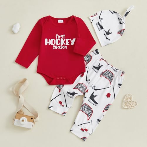 Infant Baby Boy First Hockey Season Outfit Red Black Bodysuit Hockey Print Pants And Beanie 3 Piece Set3