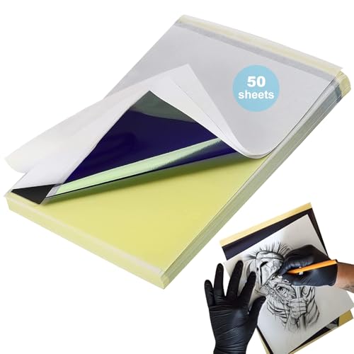 Rayyl 50 Hojas Papel Transfer Tattoo, A4 Papel Hectografico Tattoo Transfer Paper Accesorios de Tatuaje, Ideal para Impresora Tatuajes y Diseño DIY