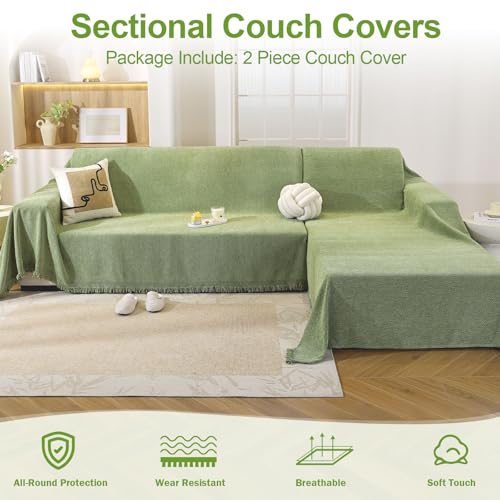OstepDecor Sectional Couch Covers 2 Pieces, L Shaped Couch Cover Blanket, Sectional Sofa Cover Washable, Chaise Lounge Sofa Slipcovers Pet Furniture Protector for Dogs (71"x102"+71"x118", Green) — view 3