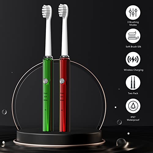 Ssblzyx Rechargeable Sonic Electronic Toothbrush, 2-Pack Electric Toothbrush Set In Red And Green, Ipx7 Waterproof, Includes 10 Dupont Brush Heads, Usb Wireless Charging Holder And Toothbrush Holder #TOP1