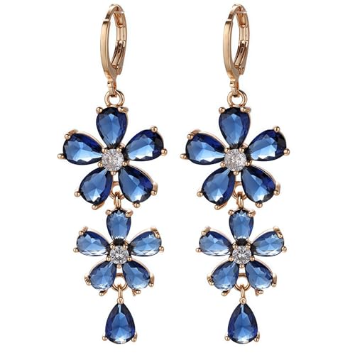 Vuskdtei18K Gold Plated Navy Blue Sapphire Big Flower Floral Dangle Earrings for Women, Hypoallergenic Cubic Zirconia Earrings, Elegant Chandelier Drop Earrings, Statement Jewelry Gifts Fashion (7098-Flower-Navy)