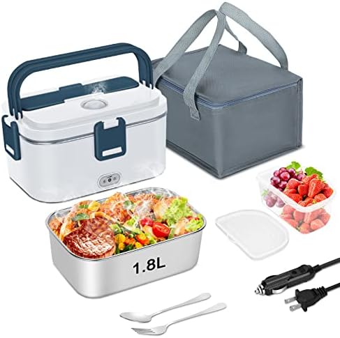 COZYEXPERT 80W Electric Lunch Box Food Heated 3 In 1 Faster Food Warmer Heater for Car/Truck/Home Portable Food Heating Boxes with 1.8L 304 SS Container Fork & Spoon(White+grey)