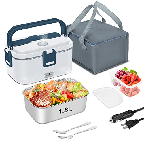 Cozyexpert 80W Electric Lunch Box Food Heated 3 In 1 Faster Food Warmer Heater For Car/Truck/Home Portable Food Heating Boxes With 1.8L 304 Ss Container Fork & Spoon(White+Grey) #TOP2