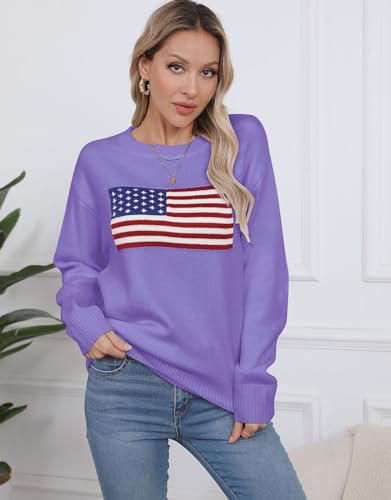 Image of Womens American Flag Sweater Long Sleeve Crew Neck Knitted Casual Pullover Sweater (Purple, Medium)