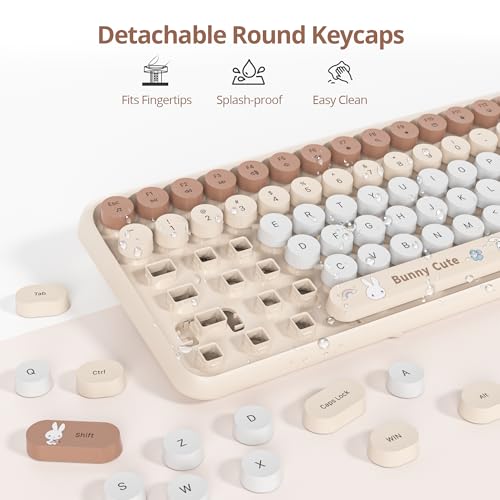 Image of Owpkeenthy Cute Beige Keyboard and Mouse Wireless, Colorful Keyboard Retro Typewriter Style Full-Sized with Number Pad Round Keys for Desktop, Laptop and Computerr (Bunny Beige)
