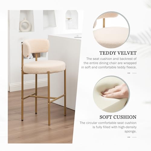 Image of Cinxzar Boucle Bar Stools Set of 3, Beige Counter Height Bar Stools with Backs, Gold Modern Barstools for Kitchen Island, Pub, Club