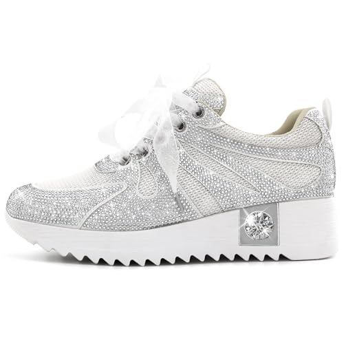 Image of FINDVELL Women's Fashion Glitter Sneakers Platform Wedge Shoes Sparkly Rhinestone High Top Sneakers Trendy Sequin Shoes Wedding Bride Dress