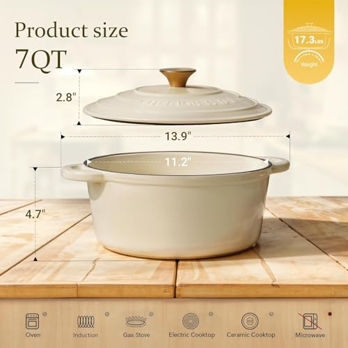 Overmont 28cm/6.6L Enamelled Cast Iron Round Casserole Pot With Lid Cookbook & Cotton Potholders - Non-stick Dutch Oven Cookware for Braising, Stews, Roasting, Bread Baking - Cream white, 7QT
