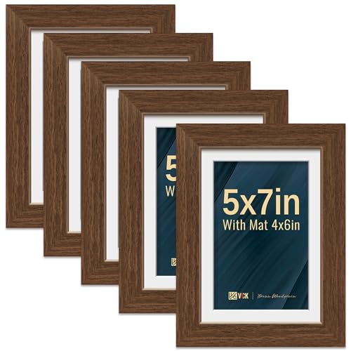 Image of VCK 5x7 Picture Frame 5 Pack, Brown Wood, 4x6 Mat, Glass, for Portrait