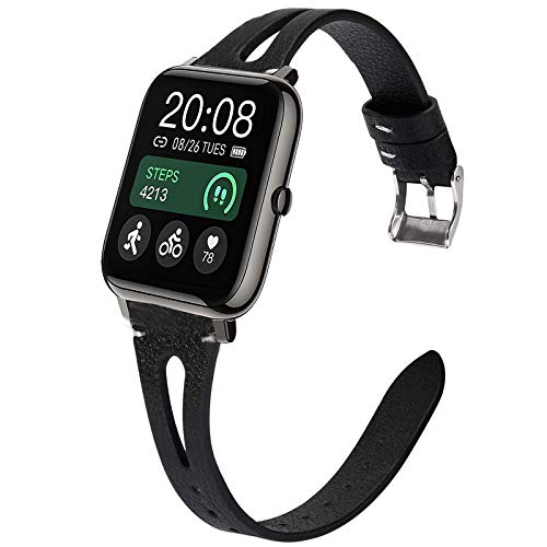 Compatible for Popglory Smartwatch Band, Slim Vintage Leather Strap Replacement for Popglory P22 / Donerton Smartwatch / itouch air 3 40mm / FirYawee Smartwatch / Virmee VT3 (Black)