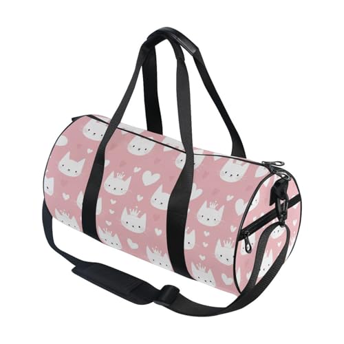 Pink Crown Cat Sports Duffel Bag Durable Full Print Barrel Gym Bag with Multiple Pockets, Adjustable Shoulder Strap Ideal for Sports Gym Training Travel and Outdoor Use