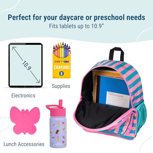 Image of Wildkin 12 Inch Toddler Backpack for Kids, Pink Stripes | Ages 3-7, lightweight toddler backpack for daycare, preschool, and travel
