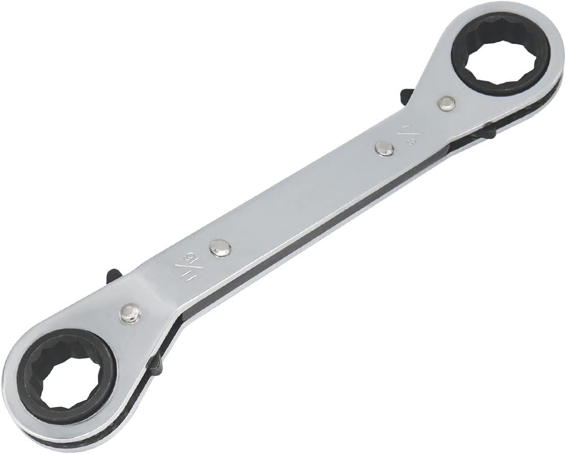 11/16-7/8 Inch Reversible Universal Ratcheting Wrench,Imperial Double Offset Box End， Matte Chrome Plated Cr-V Steel， Heavy-Duty，72 Tooth Ratchet Spanner Crooked for Narrow Spaces