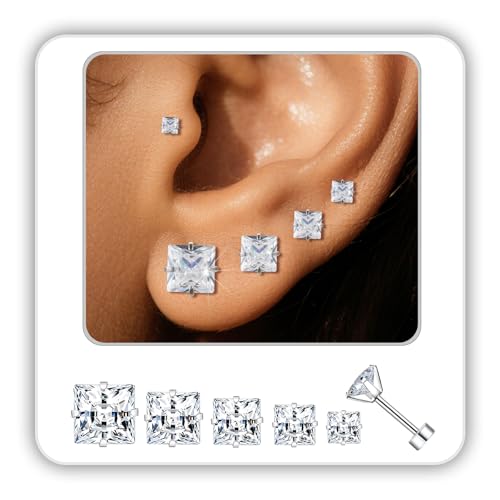 Princess Cut Square CZ Stud Earrings Flat Back Screw Back Small Silver Clear Cubic Zirconia Studs Earrings Set for Women Men Pack of 5 Pairs (3-4-5-6-7mm)